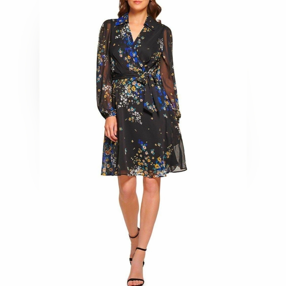 Dkny Black Floral Wrap Dress with Blue & Yellow Accents - Picture 2 of 14